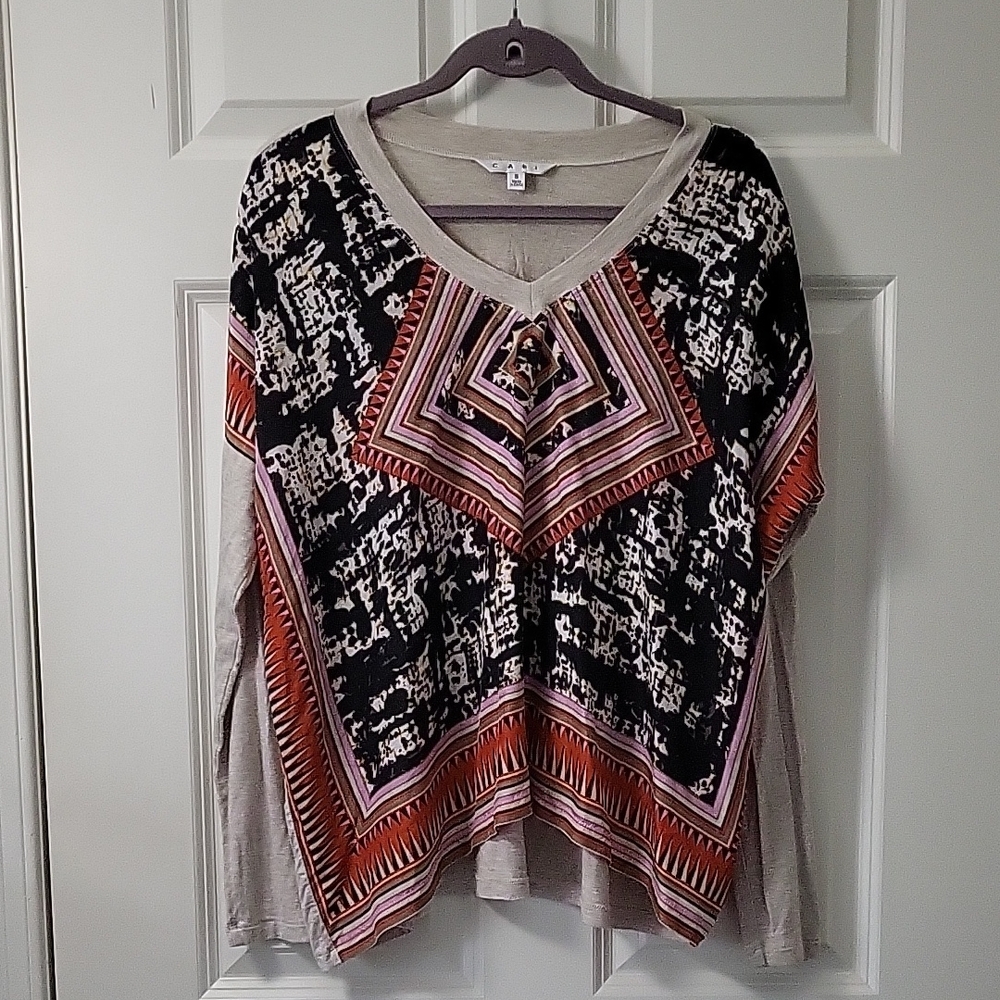 CAbi Silk Aztec Print Black & Red Scarf Long Sleeved Blouse Women's Small